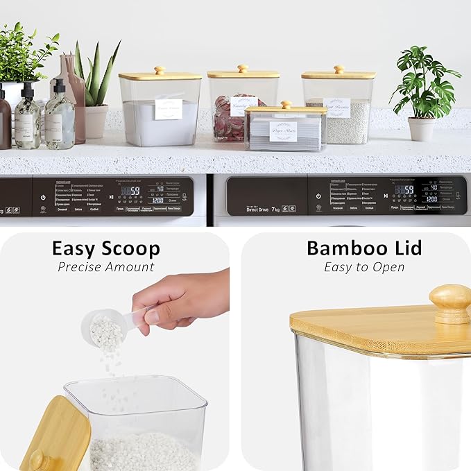 Vincona Laundry Room Organization and Storage, Laundry Pods Container and Dryer Sheet Holder with Bamboo Lids and Labels, Laundry Organizer with Scoops for Booster Beads, Powder, Pods, 4+1 Pack