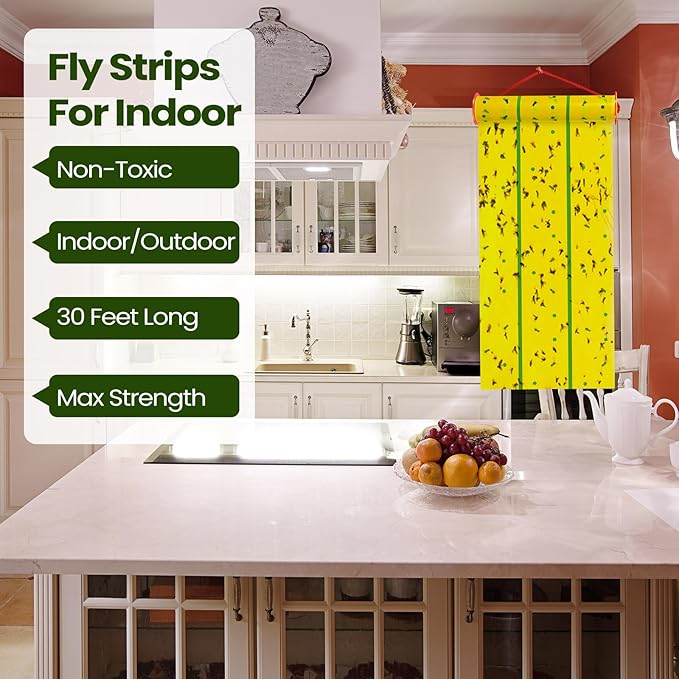 Qualirey Giant Sticky Fly Traps, Fly Strips for Indoor Outdoor Hanging Flying Tapes Non Toxic Ribbon Fruit Gnat Killer for Mosquito Plants House Horse Stable(30 ft,Yellow and Green,10 Pcs)