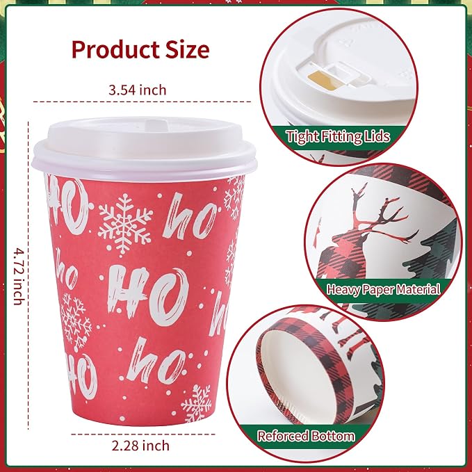 Christmas Cups with Lids 12oz Disposable Coffee Cups Paper Cups with Lids 10 Designs Christmas Party Supplies, Xmas Disposable Party Cups Drinkwear for both Hot and Cold Drinks, 60 Pack