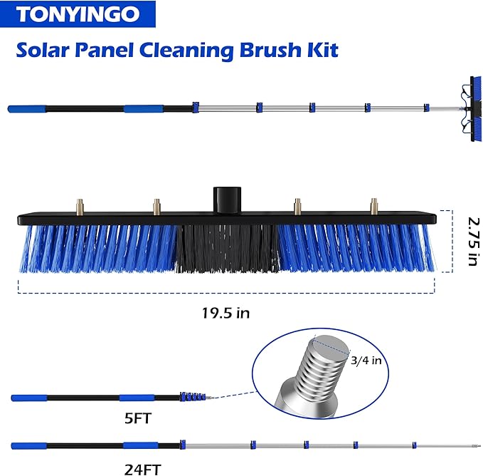30 FT Reach Solar Panel Cleaning Brush Kit with 5-24 FT Telescopic Extension Pole, Water Fed Pole with Dual Action Flip-Lock & Screw Fixing Design, Ideal for Snow Removal, Windows, Boats, RVs