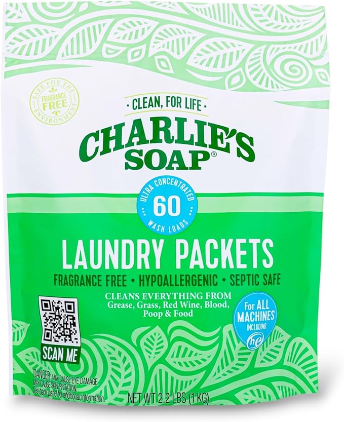 Charlie’s Soap Laundry Powder Packets, Pre-Measured Single Dose Laundry Detergent, Hypoallergenic, Biodegradable, HE & Septic Safe, Fragrance Free, 60 Pods (1 Pack)