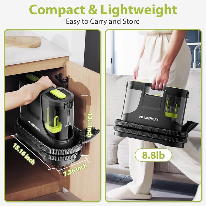 Upholstery Carpet Cleaner, MUJERBAY 15Kpa Portable Spot and Stain Cleaner Shampooer, Easy Move with Handle, 1.5-inch Deep Cleaning Machine for Couch, Stairs, Car and Pet Messes.