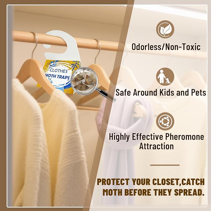 Clothing Moth Trap with Pheromone Attractant 8 Pack, Easy to use Clothes Moth Treatment, Odorless/Non-Toxic Strong Sticky Strips for Closet and Carpet