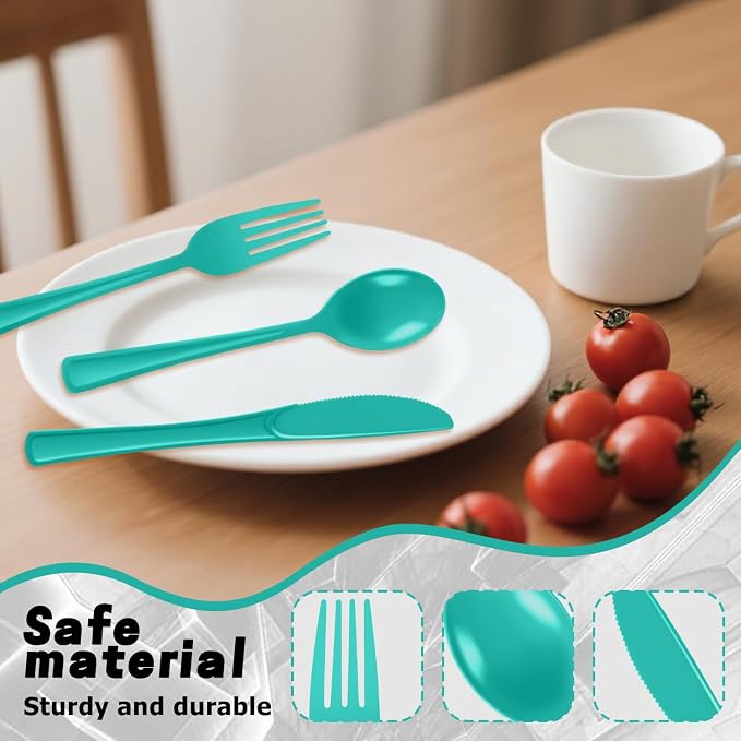 Plastic Silverware 300 PCS Disposable Silverware Heavy Duty Utensil Sets 100 Of Each Forks Knives & Spoons Disposable Cutlery Set For Easter,Birthday,Baby Shower,Garden Party,Wedding(300,Light Green)