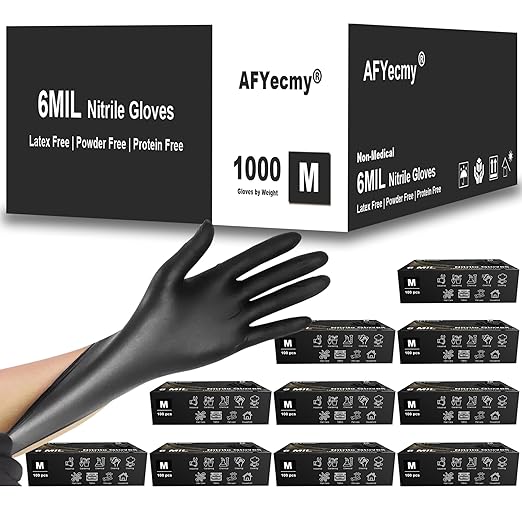 Disposable Nitrile Gloves, Chemical Resistant, Powder and Latex Free, Food Safe, Black Heavy Duty Gloves, 6 Mil, 1000 Count, Medium