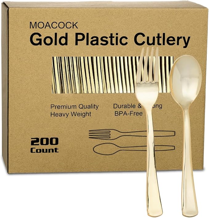 MOACOCK 200 Count Light Gold Plastic Silverware, Heavy Duty Plastic Utensils Set 100 Spoons and Forks, Gold Spoons and Forks Set for Catering Party Wedding Dinners