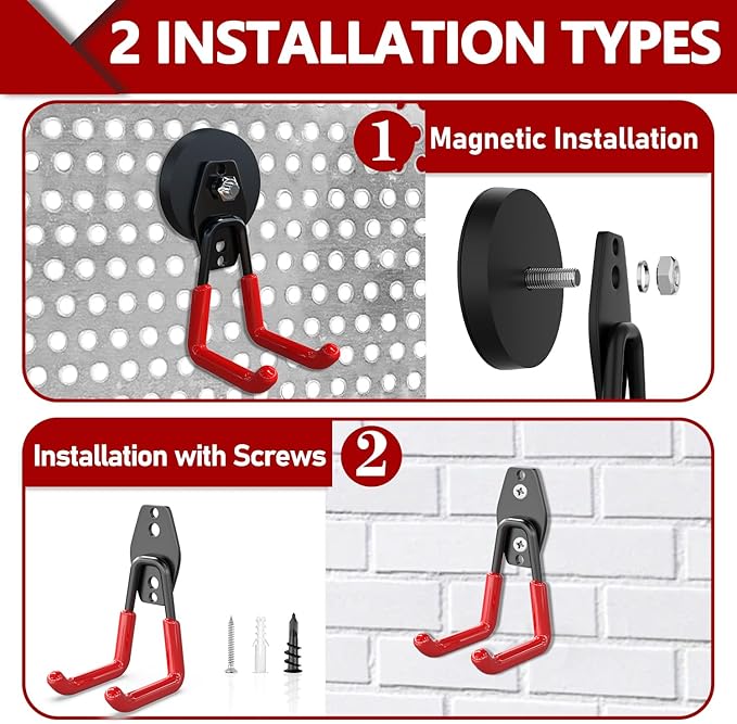 3-H Extra Strong Magnetic Hooks,Heavy Duty Large Anti-Slip Magnet Hooks,No-Drill Tool Holder for Garage,Power Drill,Garden Tools,Hose Storage,2 Pack Red