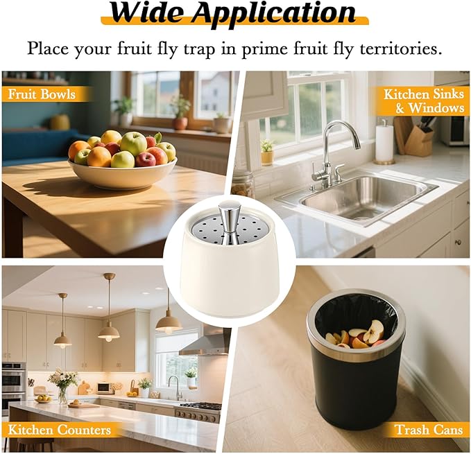 Ceramic Fruit Fly Trap for Indoors, Reusable Kitchen Fly Catcher with Stainless Steel Vent Lid, Uses Safe & Natural Vinegar Bait Trap, Dishwasher Safe, Easy to Use(White,2 Pack)