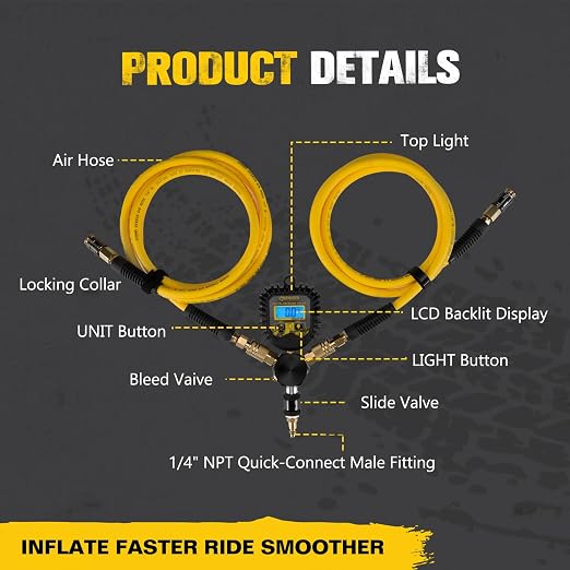 BUNKER INDUST 2 Tire Inflation Deflation System, Rapid High-Flow Air Up Down Kit with Digital Tire Pressure Gauge, 2 Wheels Off Road Tire Deflator Inflate-Up to 200" Wheelbase