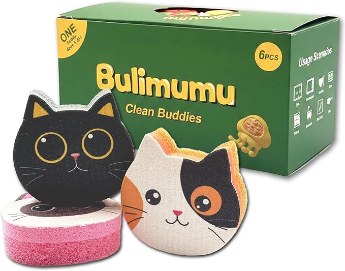 Bulimumu 3-Layer Cat Print Dish Sponge (6 Pack) - Swedish Dishcloth Top + Soft Sponge Middle + Smart Temperature-Sensing Scrubber - Dual-Action Non-Scratch Kitchen Cleaning