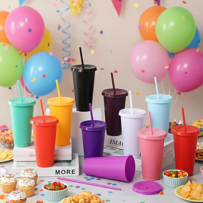 Honeydak 120 Pack Tumbler with Straw and Lid Bulk Cups for Gifts Water Bottle Iced Coffee Travel Mug Cup Reusable Plastic Tumblers for Party Birthdays 24-27 oz (Classic Color)