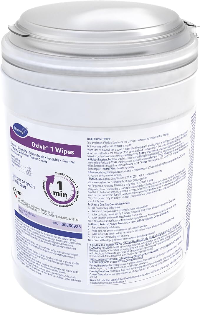 Oxivir Diversey 1 Disinfectant Wipes, AHP Hydrogen Peroxide Cleaner, Multi-Surface Cleaner for Home & Commercial Use, Small Wipes, 160 Count Canister, Case of 12