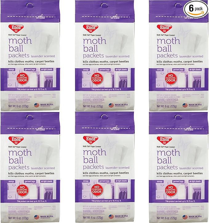 Enoz Lavender Scented Moth Ball Packets: Kills Clothes Moths, Carpet Beetles, Eggs and Larvae (6 oz Bag, 6 Pack)