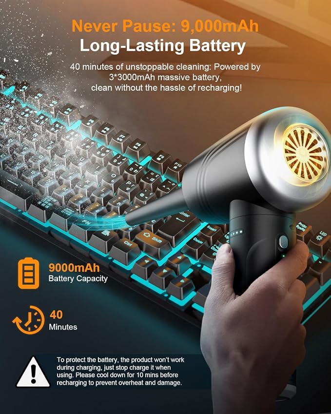 Compressed Air Duster, BANKKY 11-in-1 Cordless Keyboard Cleaner for Office, 120000RPM Electric Air Duster for Computer, Conditioner, etc (Black+Silver)