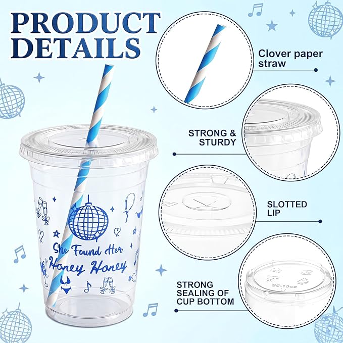 Qinyoung 50 Sets She Found Her Honey Honey Bridal Shower Decorations Disco Plastic Cups with Lid and Straws 16 oz Bachelorette Party Decorations for Engagement Wedding Guest