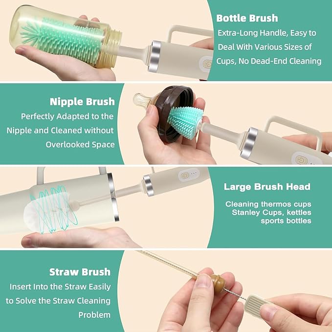5 in 1 Electric Bottle Brush Cleaner Compatible Stanley Bottle Brush Straw Cleaner Multifunction Rechargeable IPX6 Waterproof Extra Long Design for Stanley Cup, Sports Bottle and More (Black)