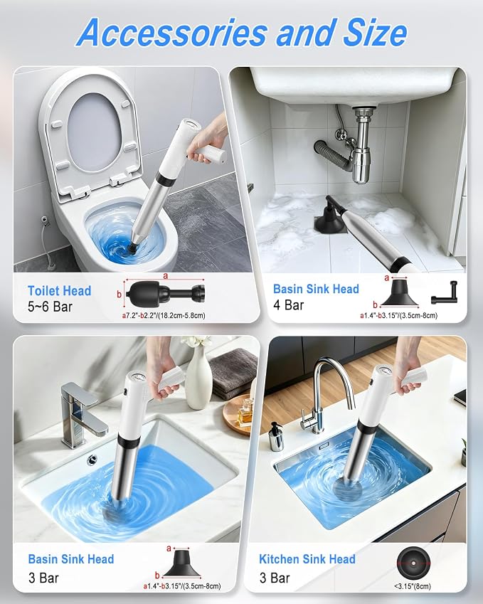 Ublue Electric Toilet Plunger, 4 in 1 High Pressure Toilet Unclogger with Multi-Purpose Heads & Automatic Inflation, Heavy Duty Drain Clog Remover for Bathroom, Washbasin and Floor Drain
