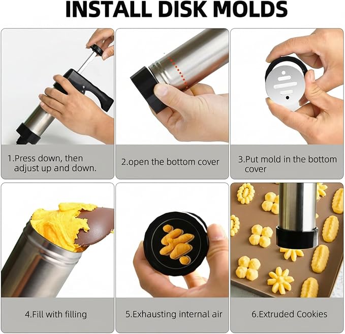 23-Piece Cookie Press Set,Cookie Press Gun Decorating Kit with 13 Stainless Steel Disksand 8 Piping Tips and Cleaning Brush,Holiday Baking and Everyday Treats, Essential Baking Supplies