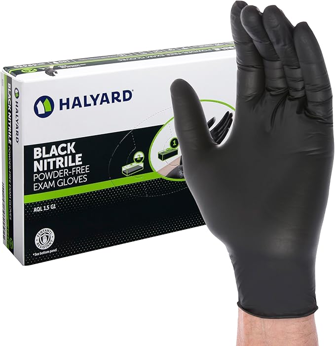 HALYARD Black Disposable Nitrile Exam Gloves Powder Free Medical, Dental, Cleaning, Tattoo