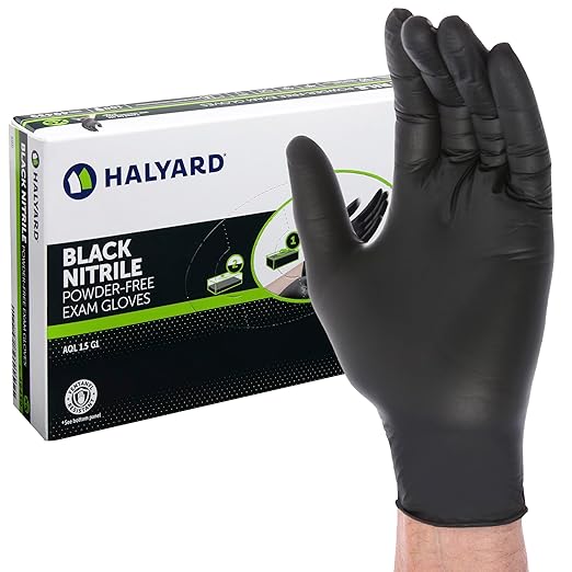 HALYARD Black Disposable Nitrile Exam Gloves Powder Free Medical, Dental, Cleaning, Tattoo, Food Safe, 3.5 mil, Size Medium, Case of 1000