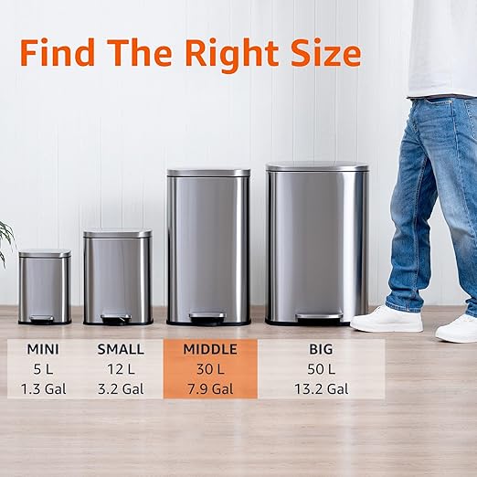 Amazon Basics Smudge Resistant Rectangular Trash Can with Soft-Close Lid, Foot Pedal, Removable Inner Bucket, 30 Liter/7.9 Gallon, Brushed Stainless Steel, Satin Nickel Finish, 13.8"L x 11.8"W x 25"H