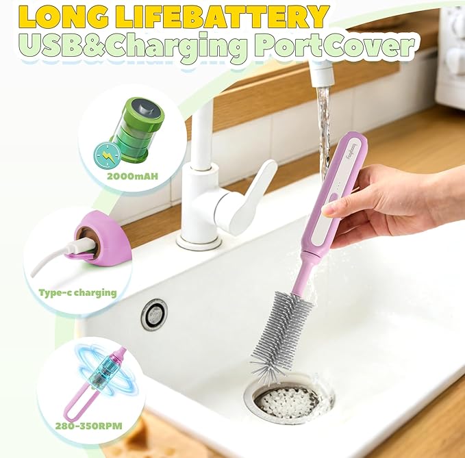 Electric Baby Bottle Brush Cleaner, 5-in-1 Travel Kit with Storage Bag, Food-Grade Silicone, Long Battery Life, Portable Baby Bottle Cleaner Brush Set, Ideal Gift for Parents & Babies (Purple)