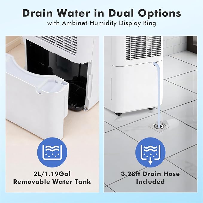 NEWBULIG 30Pints Dehumidifier with Drain Hose 2000 Sq.Ft Dehumidifier for Basement 0.53 Gallon Tank Low 38dB Smart Humidity Ring Whole House Remover for Home Bedroom & Bathroom