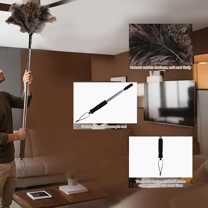 Telescopic Ostrich Feather Duster, 59-inch Naturally Fluffy Long-Handled Feather Duster, Soft, Durable and Reusable for Cleaning high Ceilings, Walls, Fans, Furniture and Blinds in The Home Office