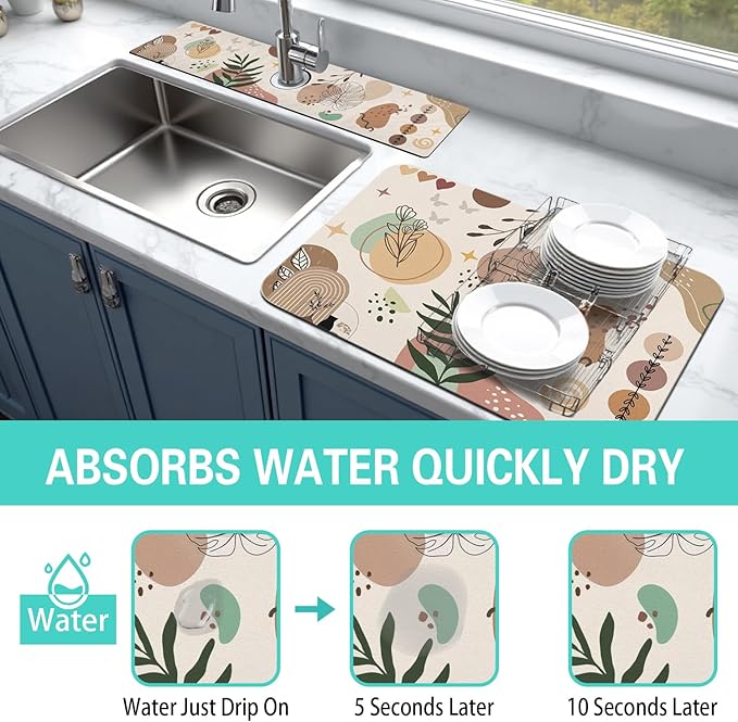 Dish Drying Mat for Kitchen Counter Matt, 2PCS 19"x12" Dish Drainer Mat & 24"x5.5" Sink Splash Guard, Super Absorbent Non-slip Rubber Backed