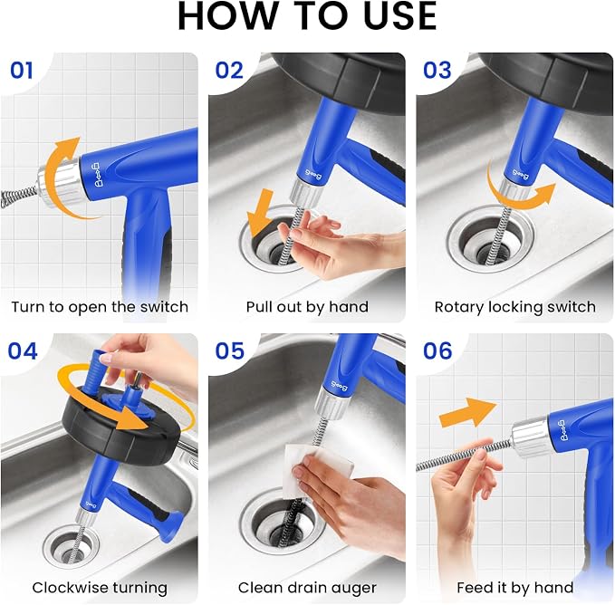 XJX Drain Auger, Plumbing Snake with Drill Adapter, 25FT Flexible Steel Drain Clog Remover, Manual or Powered for Kitchen, Bathroom & Shower Sink, with Gloves and Storage Bag