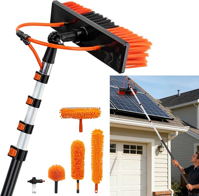 20FT Water Fed Pole Window Cleaning System & Solar Panel Cleaning Kit, Professional Window Washing Kit with Extension Pole, 180° Rotating Brush & Soap Dispenser