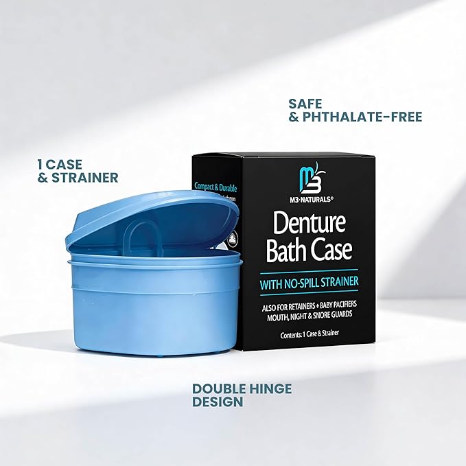 Denture Bath Case and Retainer Case, Denture Bath Cup for Invisalign Retainers Mouthguards Dentures Cleaner Kit with Strainer Spill-Free Portable Retainer Cleaner Case by M3 Naturals (Pack of 2)