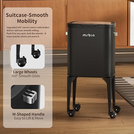 MRBIN Metal Kitchen Trash Can with Wheel Legs, 23L / 6.1gal Medium Press Lid Slim Removable Waste Basket, Pet Proof Tall Narrow Garbage Pail, for Vanity, Bedroom, Bathroom, Living Room, Black & Wood