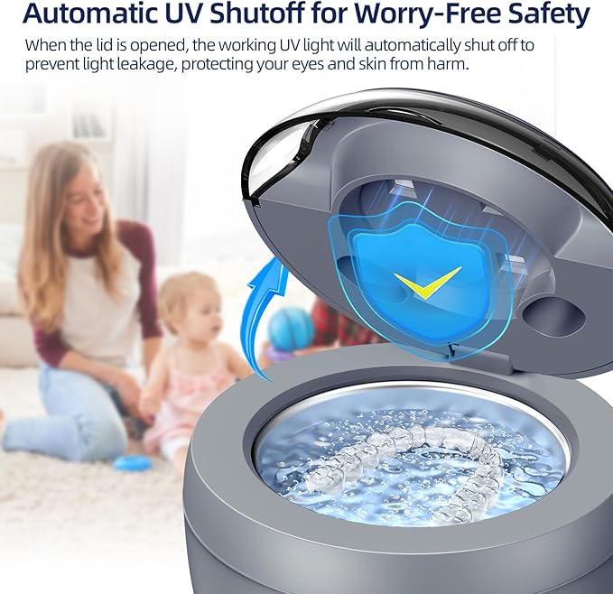 Ultrasonic Retainer Cleaner Machine, 45kHz Ultrasonic Denture Cleaner with 200ML Capacity & 4 Modes for Dental Cleaning Pod, Aligners, Mouthguards, Retainers, Jewelry, Grey