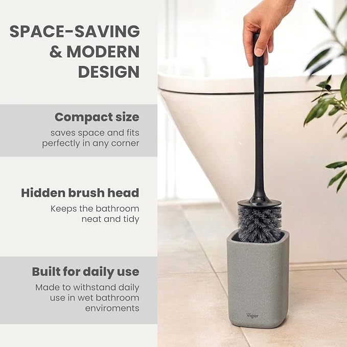 Vigar Zense Toilet Brush and Holder Set - Toilet Bowl Brush and Holder, Polyresin Stone Bathroom Accessory, Compact Toilet Cleaner Brush for Bathroom Decor and Toilet Accessories Set - Concrete
