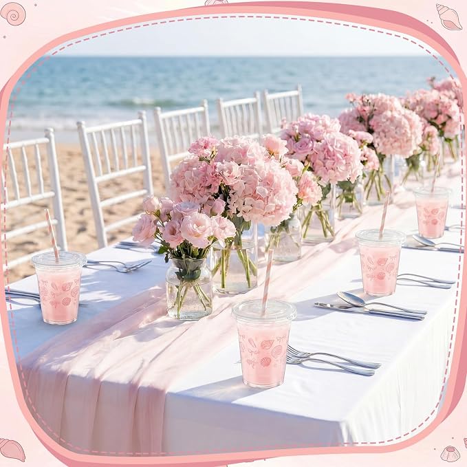 Domensi 25 Sets Seashell Themed Plastic Cups with Lids and Paper Straws 12oz Pink Ocean Disposable Drinking Cups Bulk for Cold Drinks Baby Shower Wedding Summer Theme Birthday Party Supplies