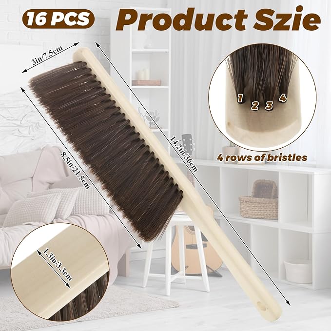 16PCS Wooden Dust Brush Hand Broom Hand Brush with Long Wood Handle Soft Bristle Bench Brush for Cleaning Car Bed Sofa Fireplace Couch Clothes