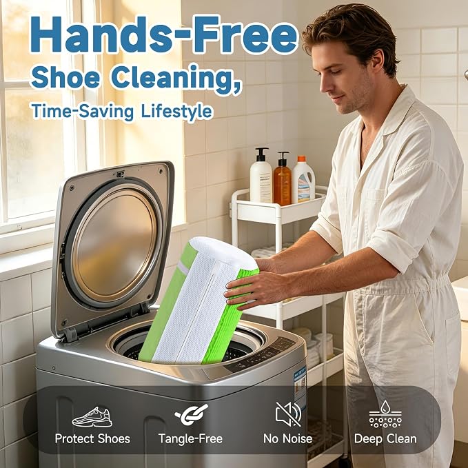 Shoe Bag for Washing Machine and Dryer - 2PCS XXL Reusable Shoe Laundry Bag with Shoe Tree - Chenille Microfiber 360°Deep Cleaning Bag for Sneakers Tennis Delicate Shoes - Green 15.35 × 7.5 Inches