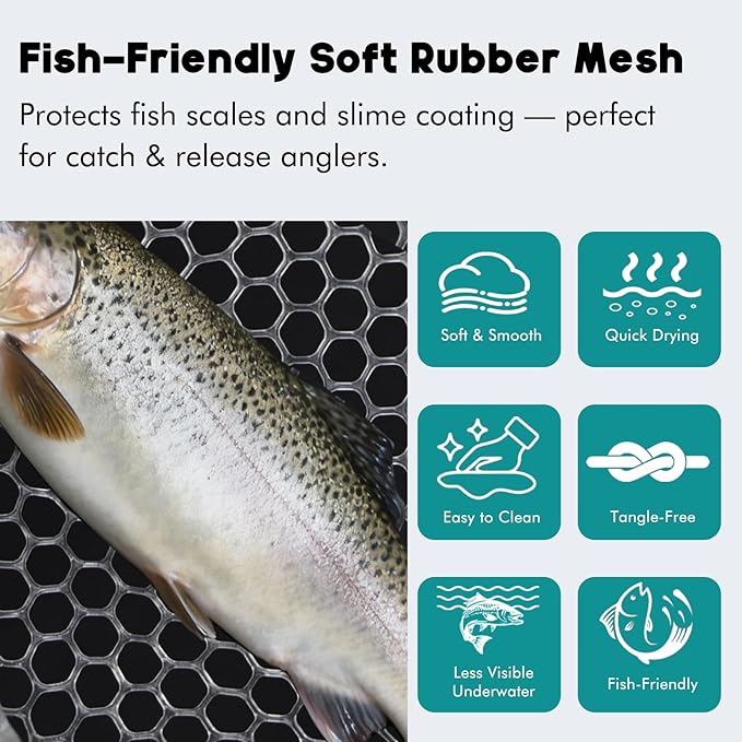 Riverruns Fly Fishing Landing Net Carbon Fiber Trout Net with Measurement Handle, Soft Rubber Mesh - 26" Standard (Wading) / 37" Long (Kayak)