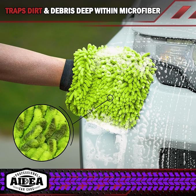 AIDEA Car Wash Mitt Microfiber, 2PK Scratch Free Lint-Free, Premium Chenille Microfiber Mitt Car Wash Brush, Green & Blue, Regular Size 7.12''X10.14''