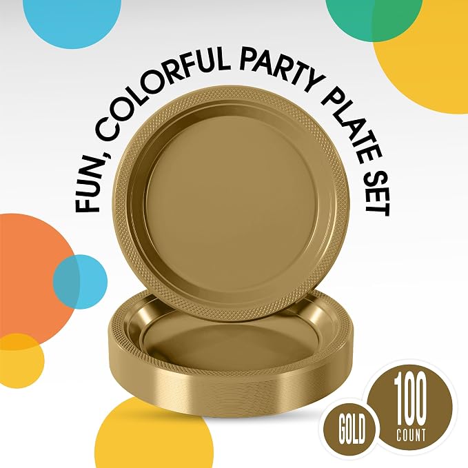 Exquisite Party Solids Gold Plates Disposable Gold Plastic Plates 100 Pieces - 50-7" & 50-9" Heavy Duty 350 GSM Disposable Dinnerware Sets, Plastic Dinnerware Sets