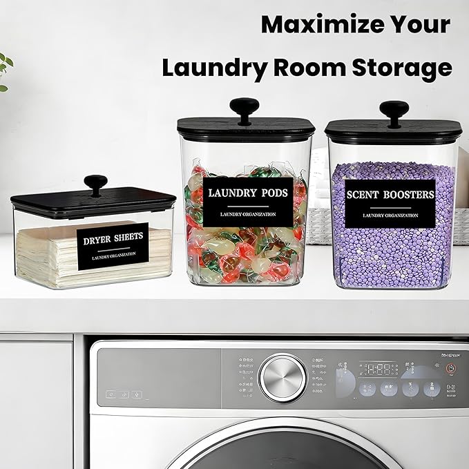 3 Pack Laundry Pods Container Plastic Dryer Sheet Container for Powder Laundry Detergent, Dryer Sheet Holder with Black Lid, Clear Laundry Containers for Laundry Beads Scent Booster