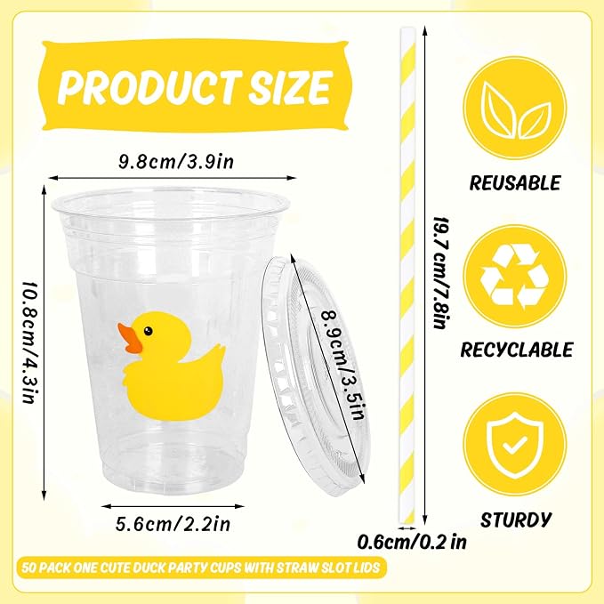 Whaline 50 Pcs Yellow Duck Plastic Cups with Lids and Straws 12 Oz Cute Duck Beverage Drinking Cups for Birthday Summer Pool Beach Party Supplies