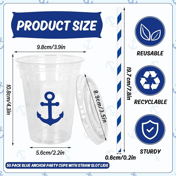 Whaline 50Pcs Nautical Disposable Plastic Cups with Lids and Straws 12 Oz Blue Anchor Cold Beverage Drinking Cups for Ocean Theme Birthday Party Supplies