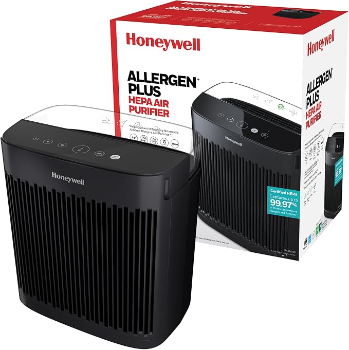 Honeywell Allergen Plus HEPA Air Purifier for Home, Large Rooms up to 900 Ft², Turbo Clean, HEPA Filter Reduces Dust, Pollen, Pet Dander, All Smoke Types, Odors, Black, HPA5100B
