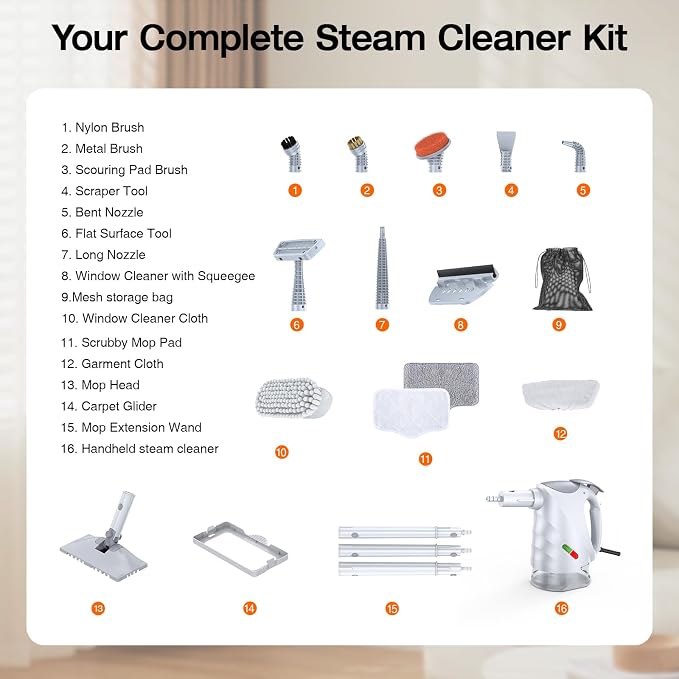 Steam Cleaner for Home, Steam Mop with Detachable Steamer, 320ml Water Tank, 10s Fast Heating, 10-in-1 Handheld Steamer for Cleaning Kitchen, Floor, Tiles, Window, BBQ Grill, Car