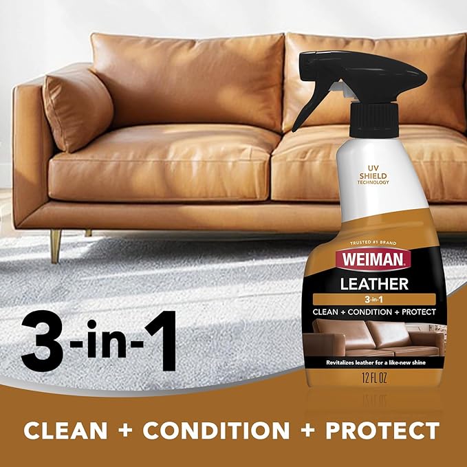 Weiman Leather Cleaner & Conditioner - Cleans, Restores & Protects Leather, UV Protection Prevent Cracking & Fading, For Car Seats, Sofas, Shoes, Bags & All Finished Leather Surfaces, 1 Pack, 12 Fl Oz