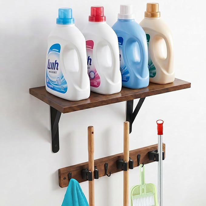 Wooden Broom Holder Wall Mount with Hooks and Shelf Mop Hangers Storage Rack with Cleaning Supplies Organizer Farmhouse Garage Laundry Room Wood Shelf (Brown, 1)