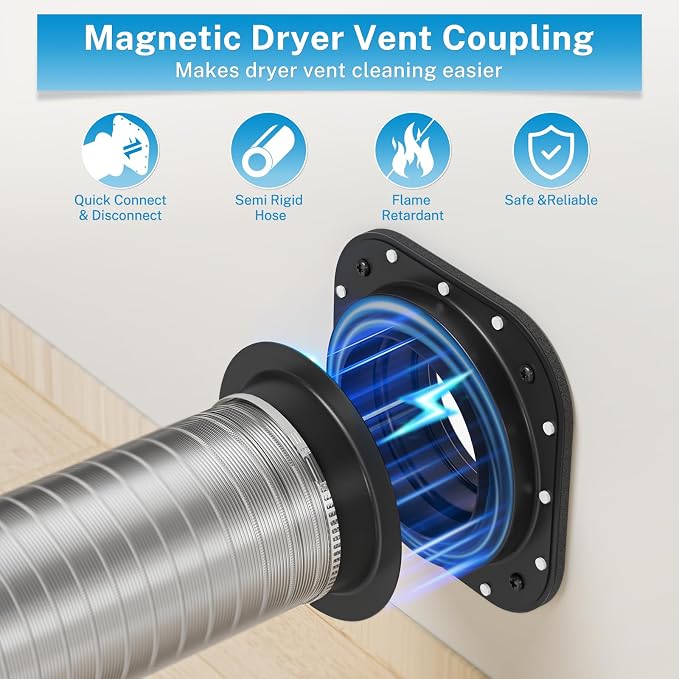 Hon&Guan Magnetic Dryer Vent Coupling Connector Kit DV180 with 4'' 2.6FT Semi Rigid Dryer Vent Hose for Tight Space & Aluminum Foil Tape,2 Clamps(Black)