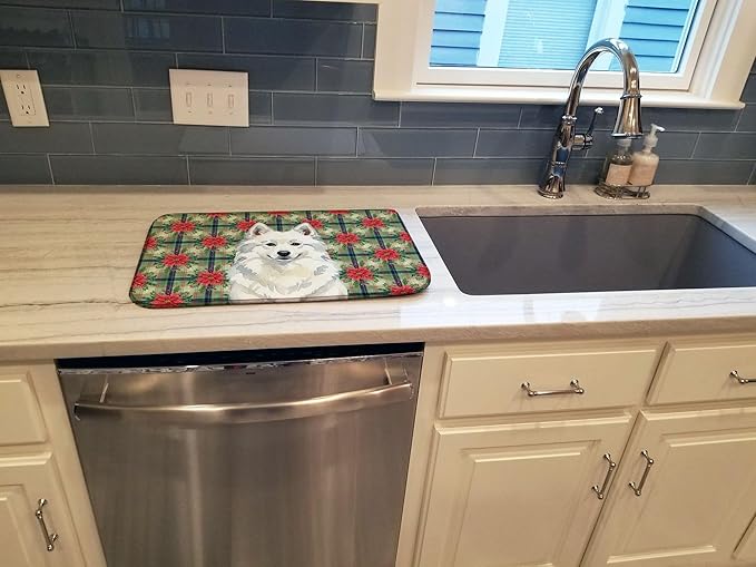 Caroline's Treasures American Eskimo Christmas PoinsettIas Dish Drying Mat Absorbent Dish Drying Mat Pad for Kitchen Counter Dish Drainer Mat for Countertop, 14 x 21", Multicolor